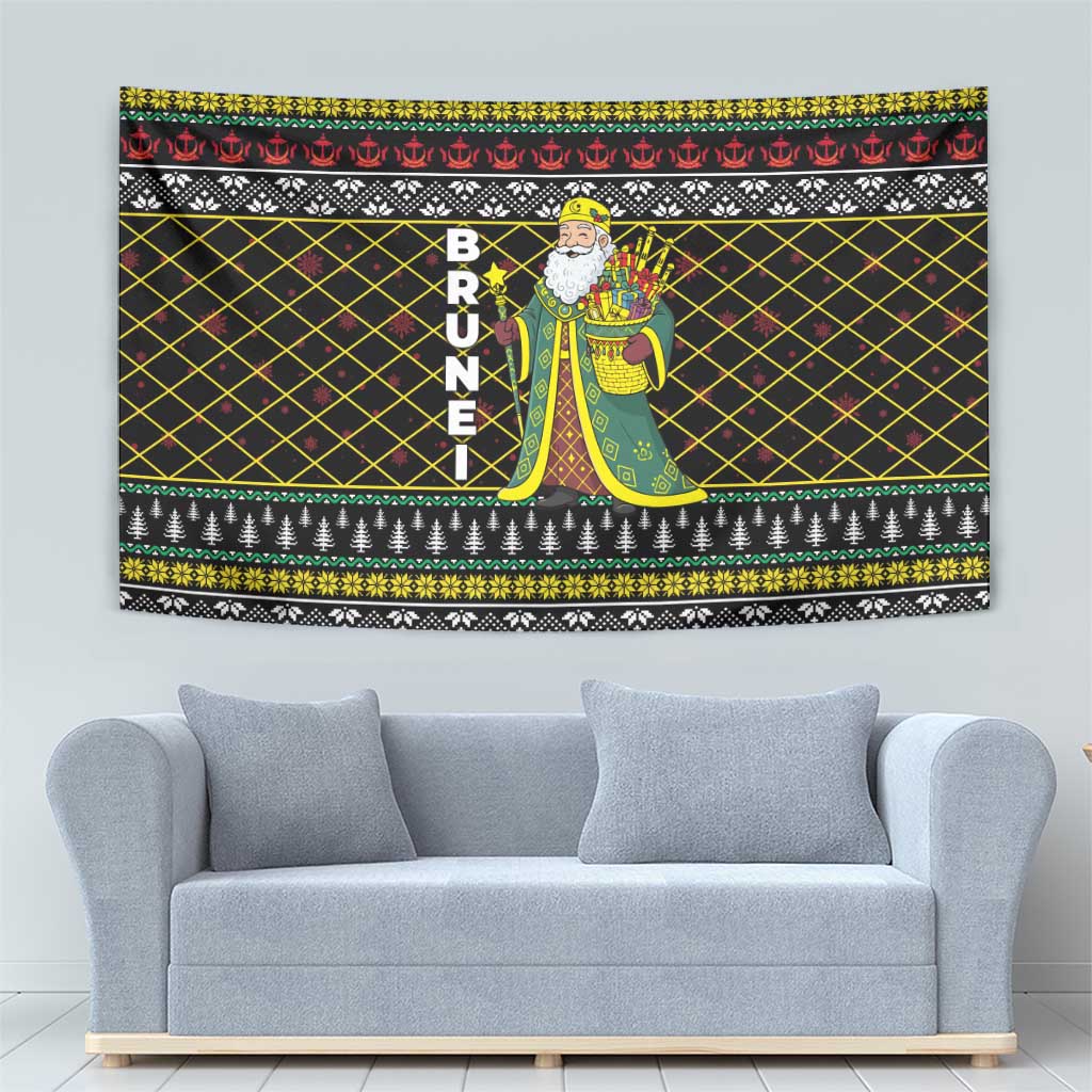 Brunei Christmas Tapestry with Traditional Santa Gift Basket and Black Yellow Red Holiday Pattern - Wonder Print Shop