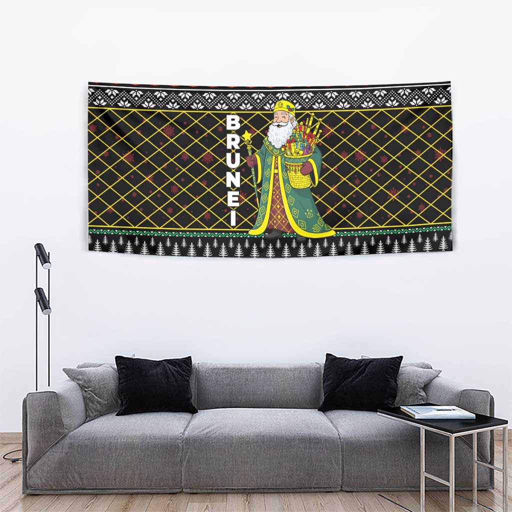 Brunei Christmas Tapestry with Traditional Santa Gift Basket and Black Yellow Red Holiday Pattern - Wonder Print Shop