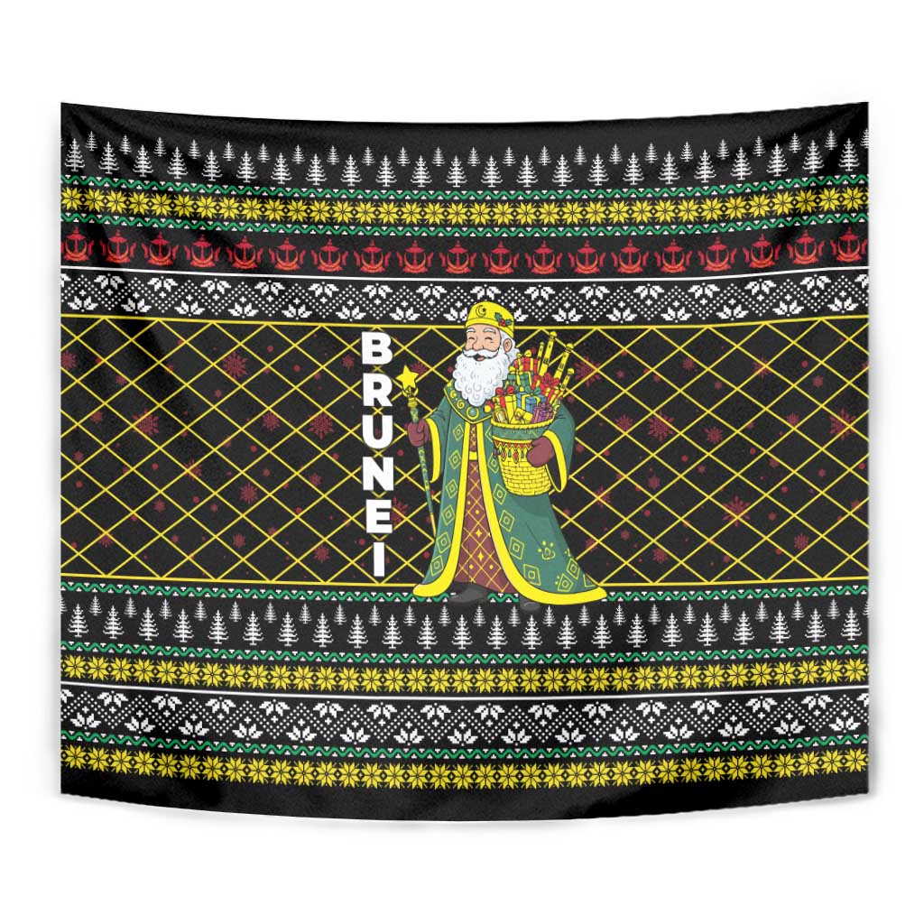 Brunei Christmas Tapestry with Traditional Santa Gift Basket and Black Yellow Red Holiday Pattern - Wonder Print Shop