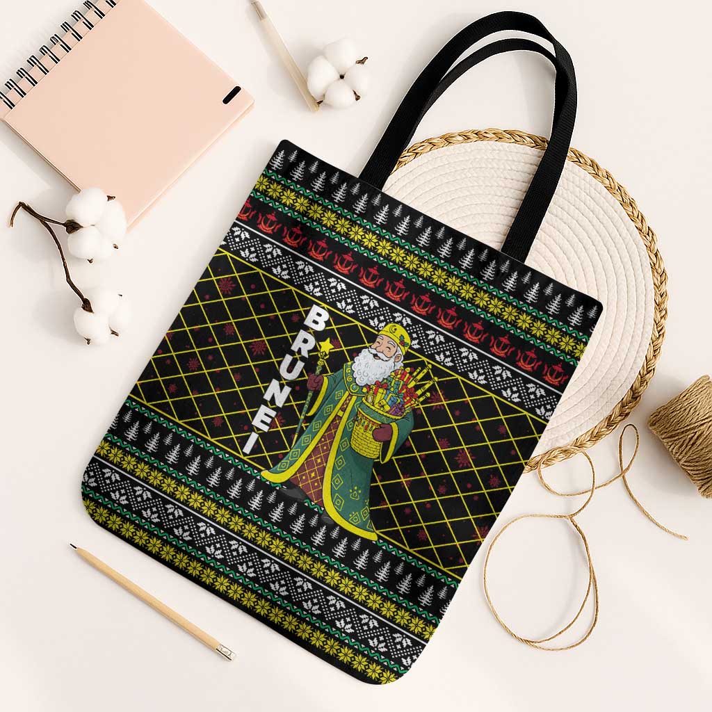 Brunei Christmas Tote Bag with Traditional Santa Gift Basket and Black Yellow Red Holiday Pattern - Wonder Print Shop