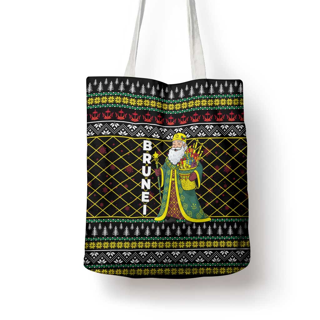 Brunei Christmas Tote Bag with Traditional Santa Gift Basket and Black Yellow Red Holiday Pattern - Wonder Print Shop