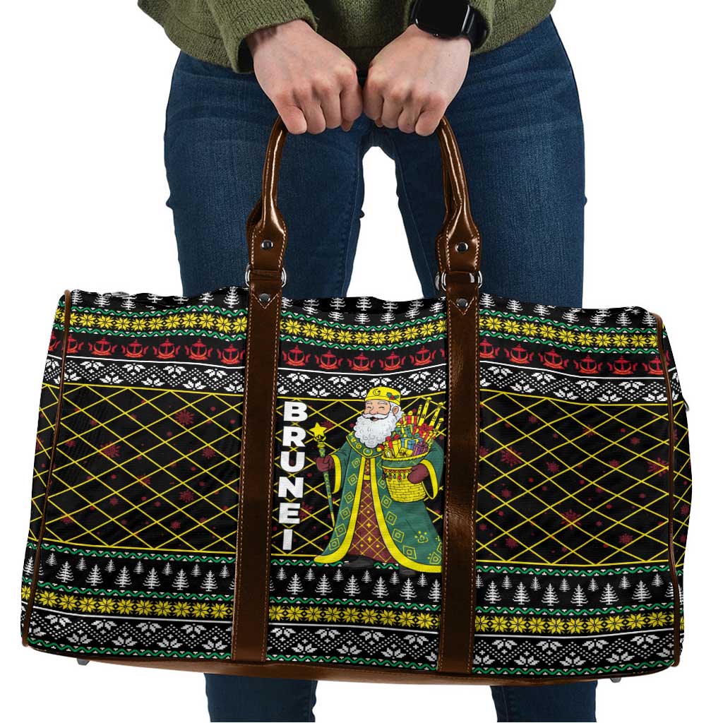 Brunei Christmas Travel Bag with Traditional Santa Gift Basket and Black Yellow Red Holiday Pattern - Wonder Print Shop