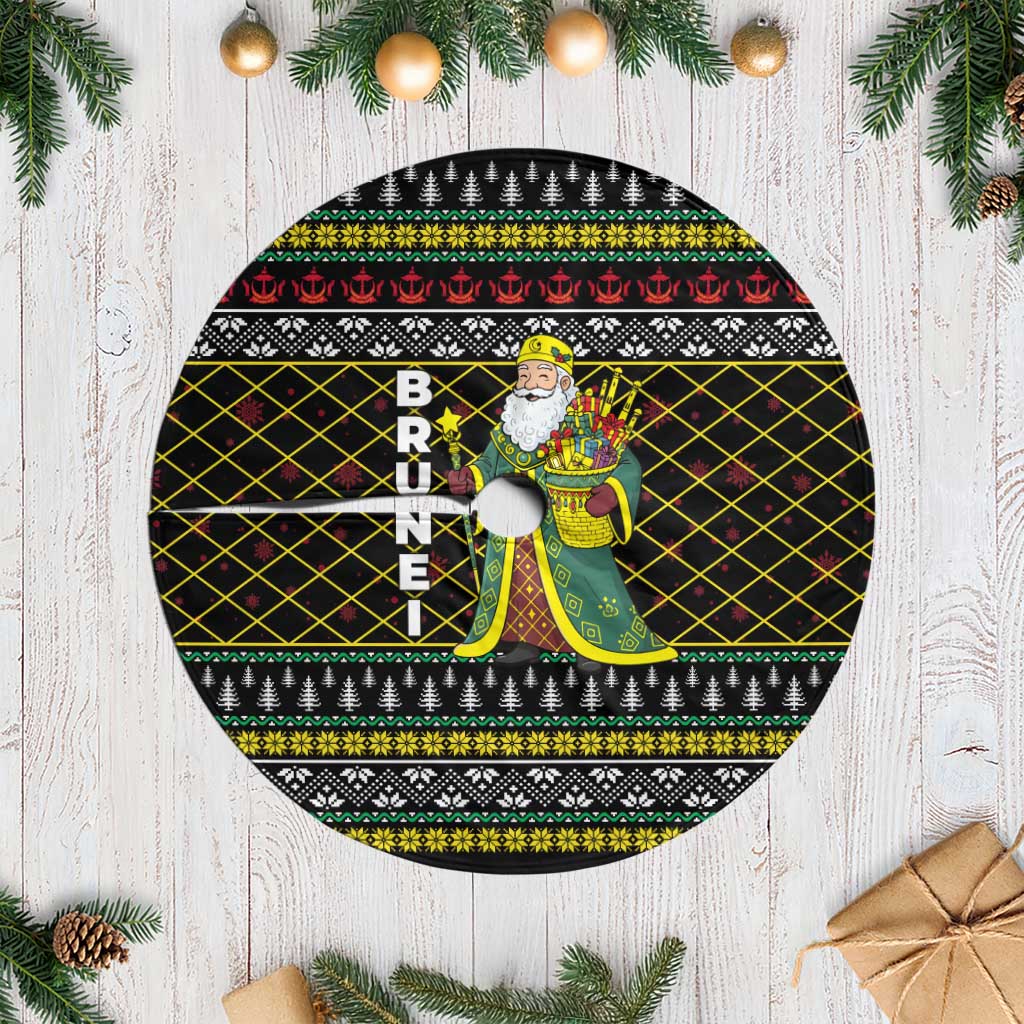 Brunei Christmas Tree Skirt with Traditional Santa Gift Basket and Black Yellow Red Holiday Pattern - Wonder Print Shop