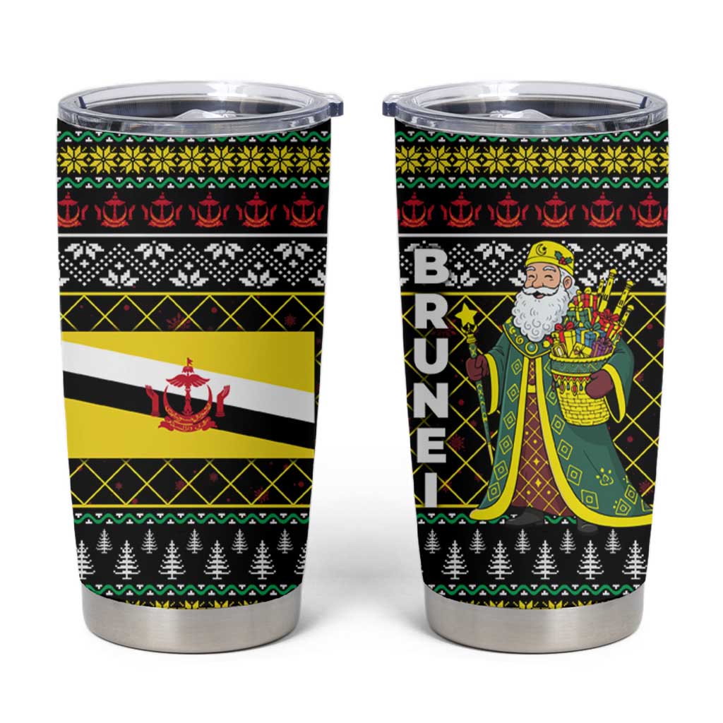 Brunei Christmas Tumbler Cup with Traditional Santa Gift Basket and Black Yellow Red Holiday Pattern - Wonder Print Shop