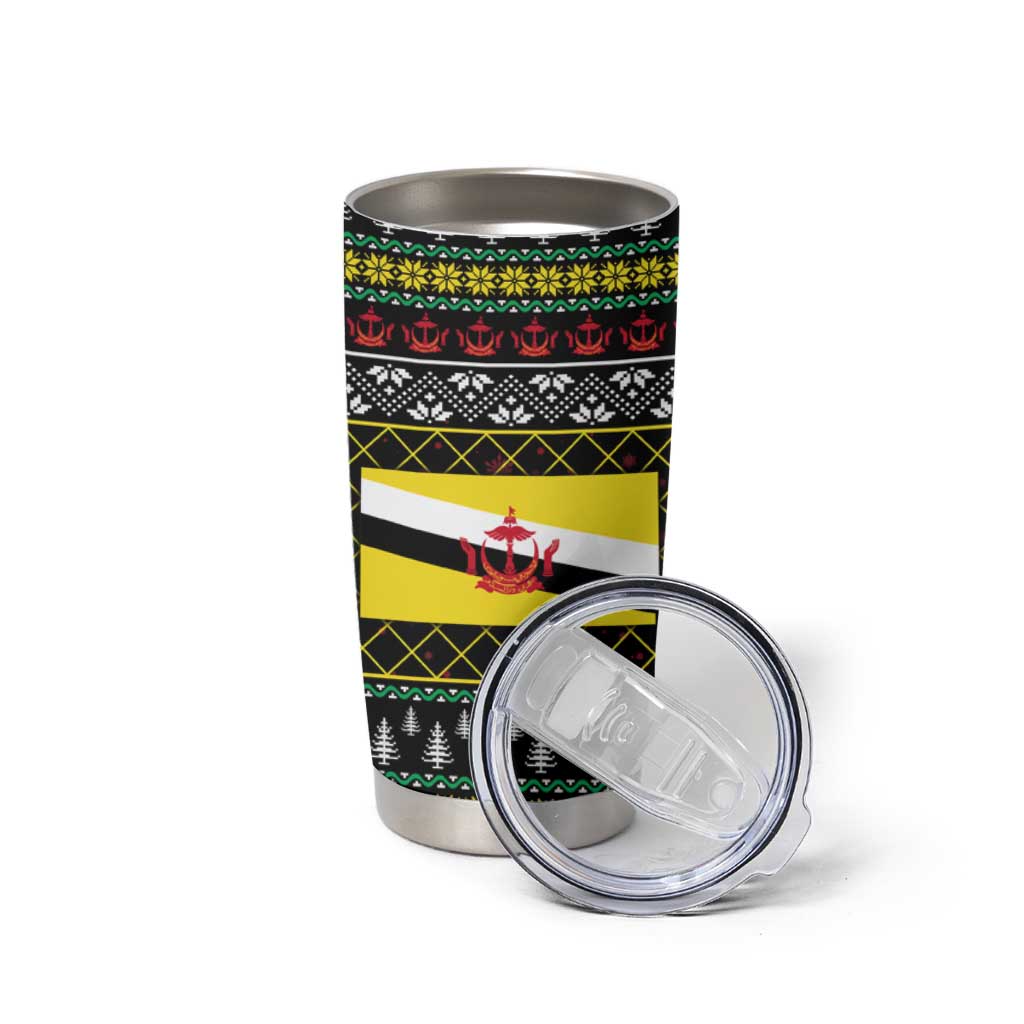 Brunei Christmas Tumbler Cup with Traditional Santa Gift Basket and Black Yellow Red Holiday Pattern - Wonder Print Shop