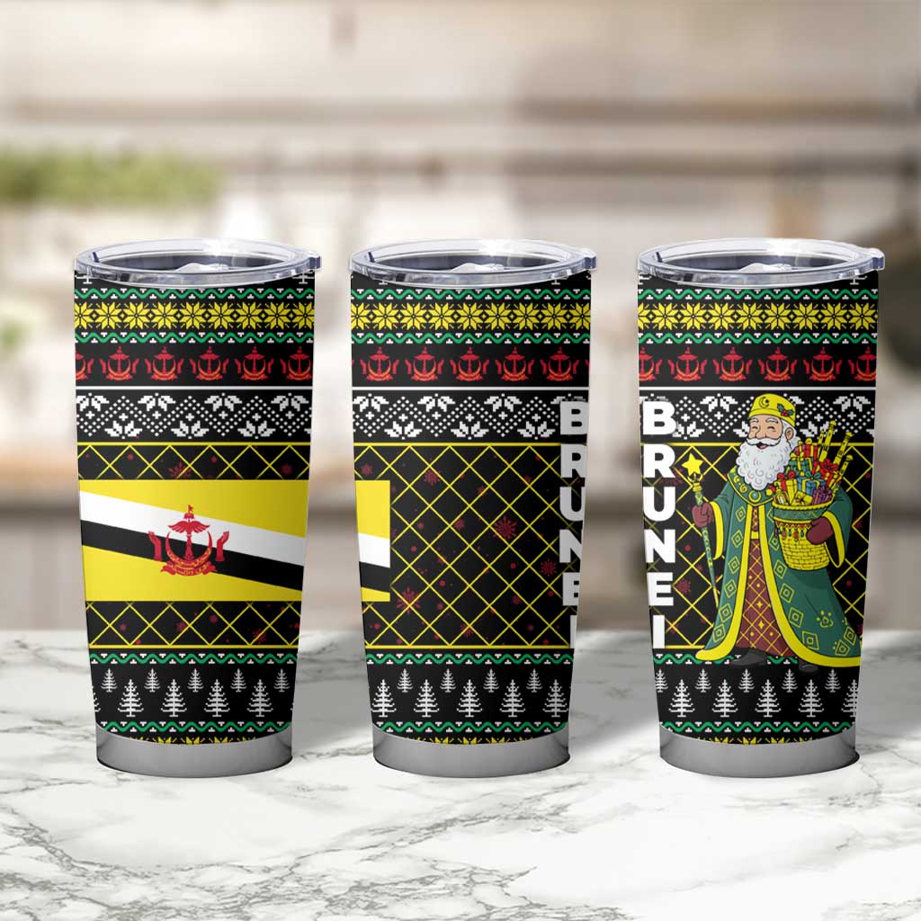 Brunei Christmas Tumbler Cup with Traditional Santa Gift Basket and Black Yellow Red Holiday Pattern - Wonder Print Shop