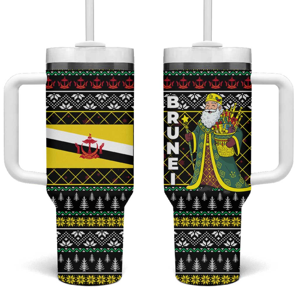 Brunei Christmas Tumbler With Handle with Traditional Santa Gift Basket and Black Yellow Red Holiday Pattern - Wonder Print Shop