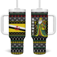 Brunei Christmas Tumbler With Handle with Traditional Santa Gift Basket and Black Yellow Red Holiday Pattern - Wonder Print Shop