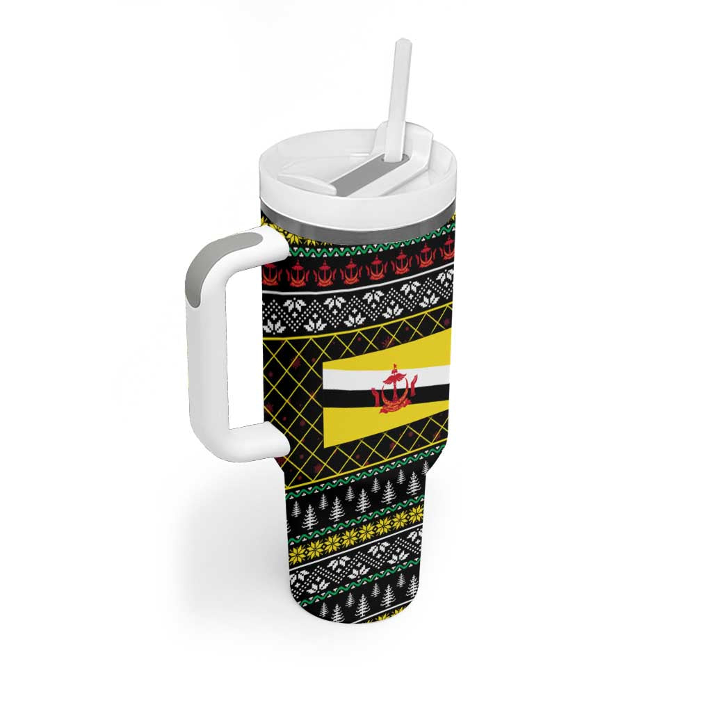 Brunei Christmas Tumbler With Handle with Traditional Santa Gift Basket and Black Yellow Red Holiday Pattern - Wonder Print Shop