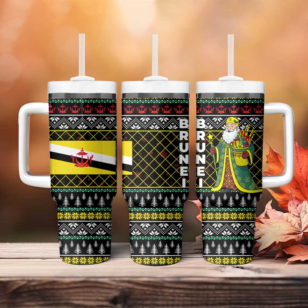 Brunei Christmas Tumbler With Handle with Traditional Santa Gift Basket and Black Yellow Red Holiday Pattern - Wonder Print Shop