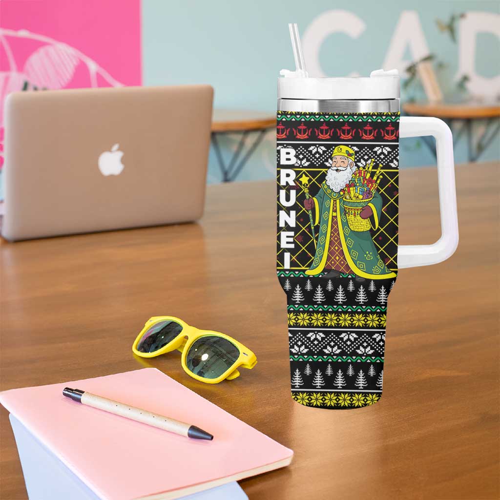 Brunei Christmas Tumbler With Handle with Traditional Santa Gift Basket and Black Yellow Red Holiday Pattern - Wonder Print Shop