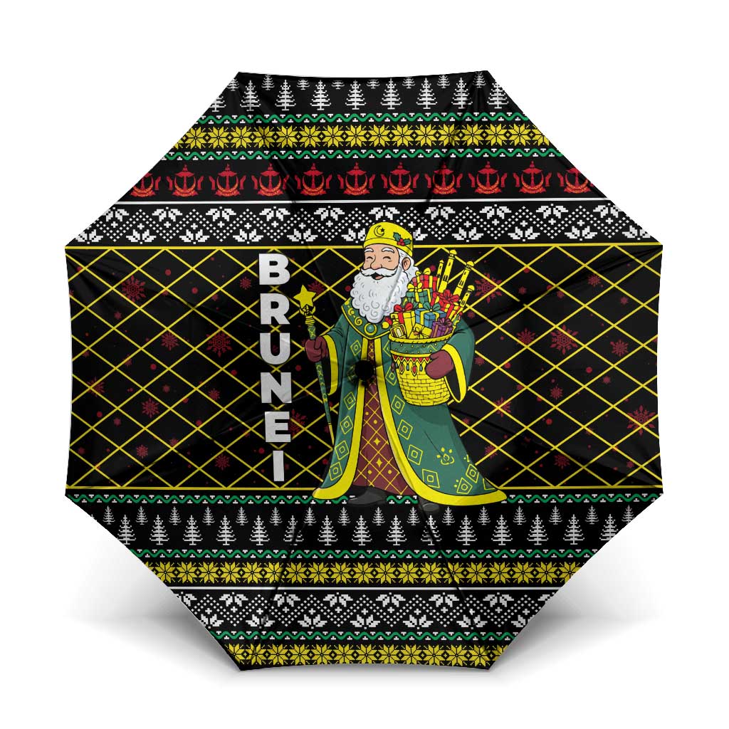 Brunei Christmas Umbrella with Traditional Santa Gift Basket and Black Yellow Red Holiday Pattern - Wonder Print Shop