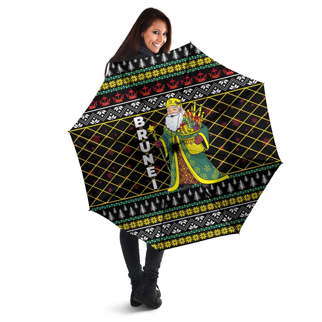 Brunei Christmas Umbrella with Traditional Santa Gift Basket and Black Yellow Red Holiday Pattern - Wonder Print Shop