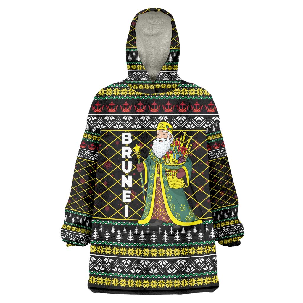 Brunei Christmas Wearable Blanket Hoodie with Traditional Santa Gift Basket and Black Yellow Red Holiday Pattern - Wonder Print Shop