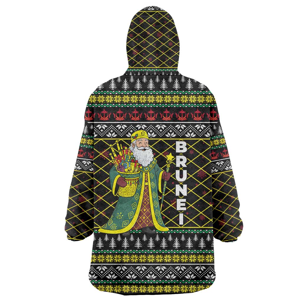 Brunei Christmas Wearable Blanket Hoodie with Traditional Santa Gift Basket and Black Yellow Red Holiday Pattern - Wonder Print Shop