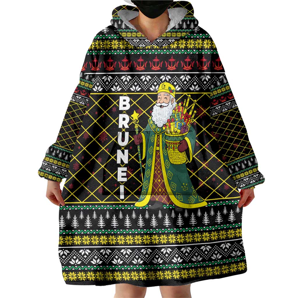 Brunei Christmas Wearable Blanket Hoodie with Traditional Santa Gift Basket and Black Yellow Red Holiday Pattern - Wonder Print Shop