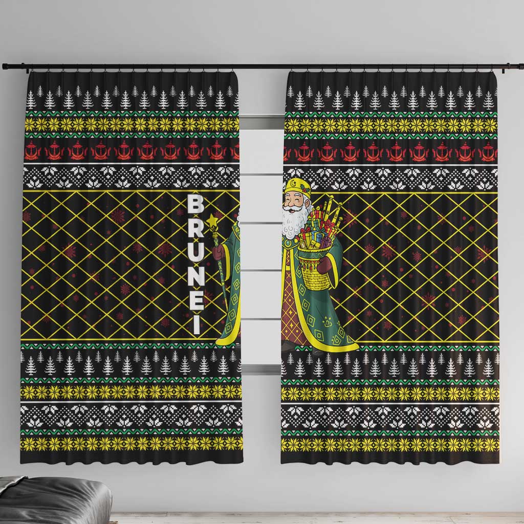 Brunei Christmas Window Curtain with Traditional Santa Gift Basket and Black Yellow Red Holiday Pattern - Wonder Print Shop