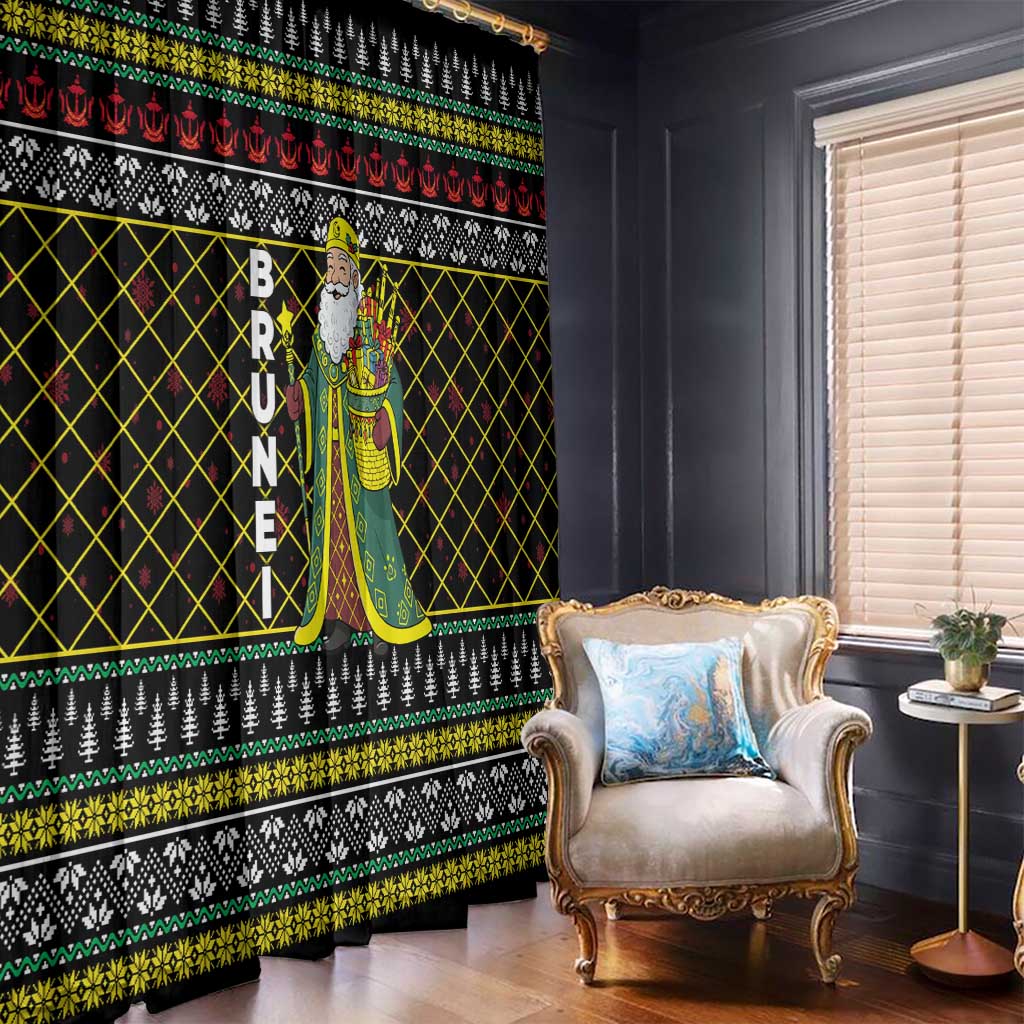 Brunei Christmas Window Curtain with Traditional Santa Gift Basket and Black Yellow Red Holiday Pattern - Wonder Print Shop