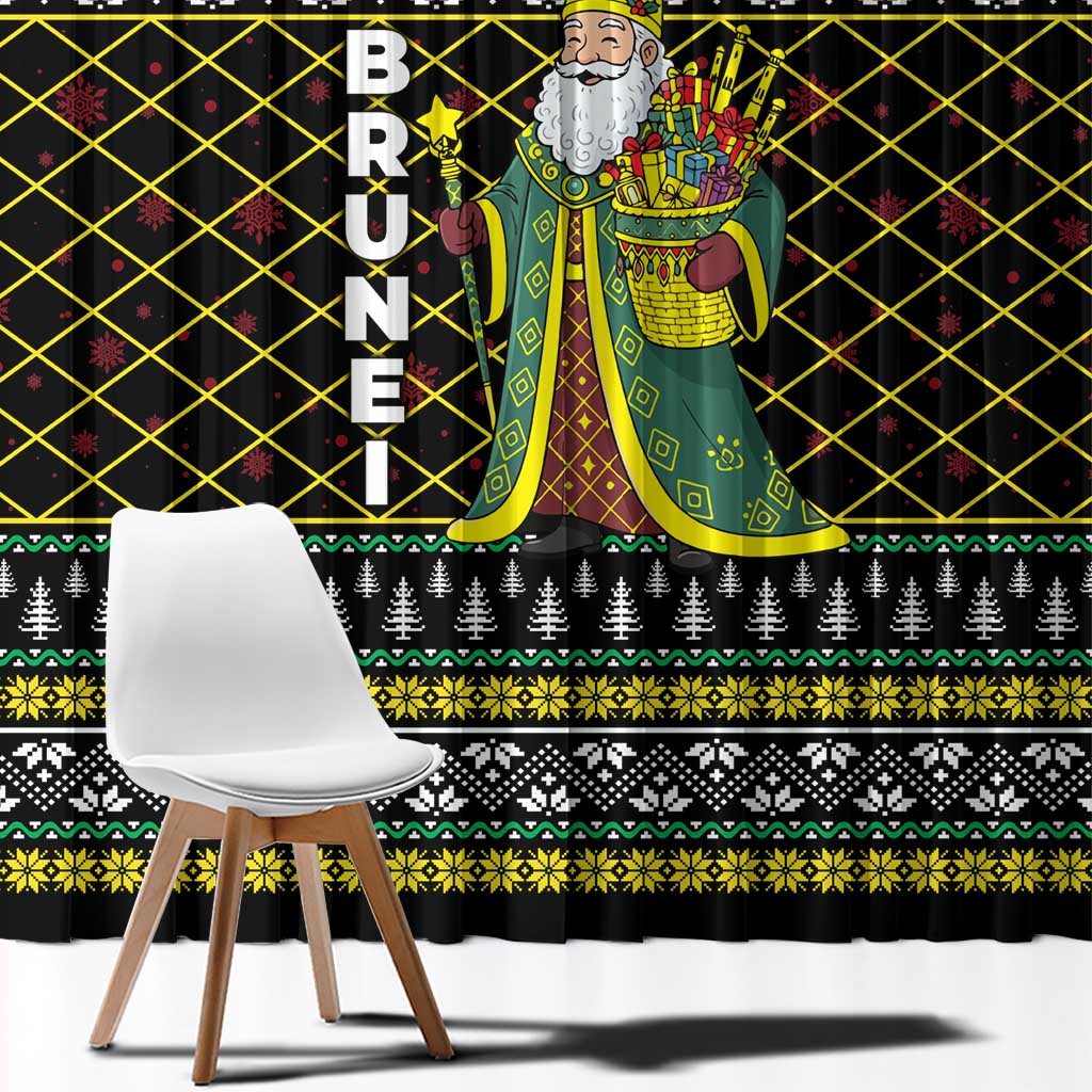 Brunei Christmas Window Curtain with Traditional Santa Gift Basket and Black Yellow Red Holiday Pattern - Wonder Print Shop