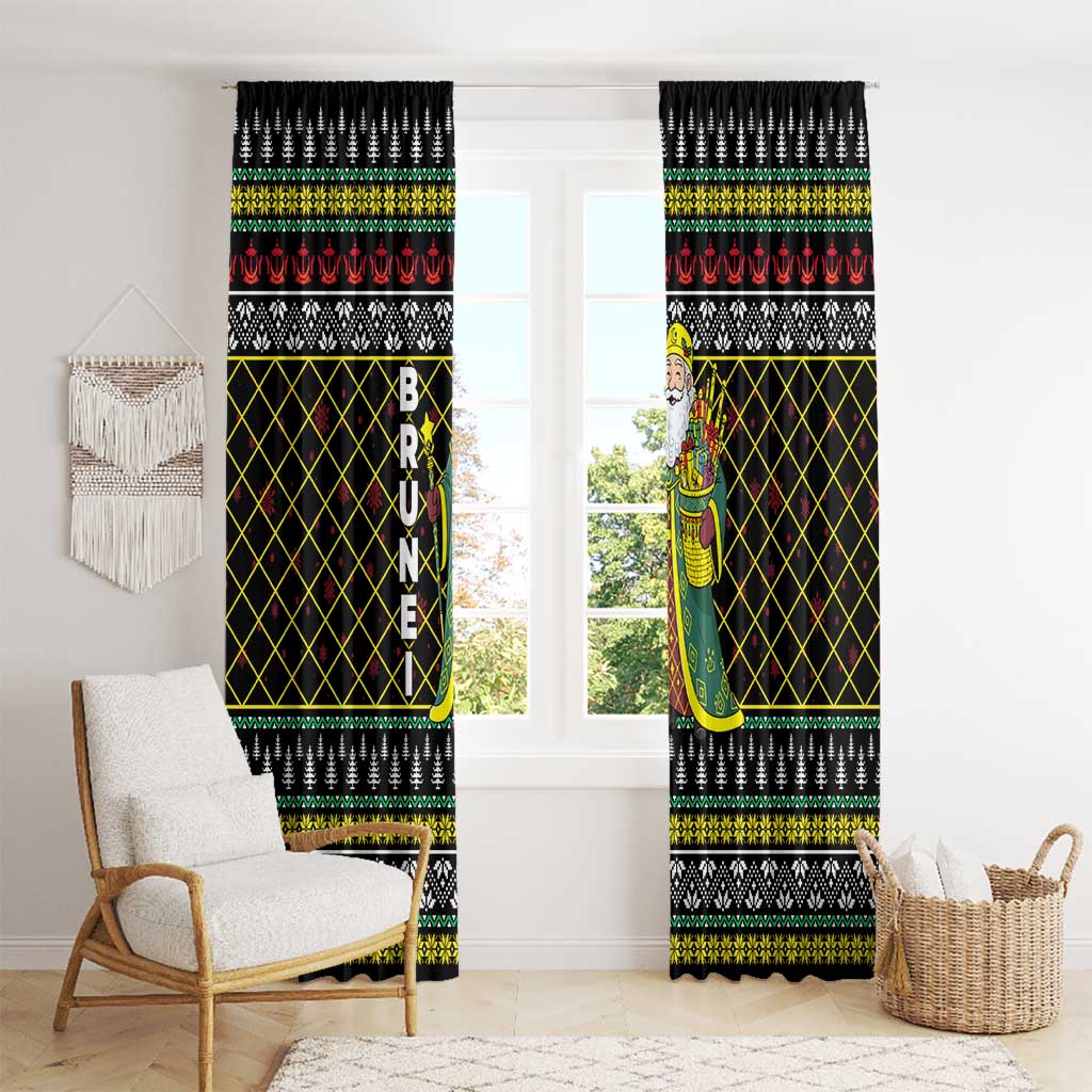 Brunei Christmas Window Curtain with Traditional Santa Gift Basket and Black Yellow Red Holiday Pattern - Wonder Print Shop