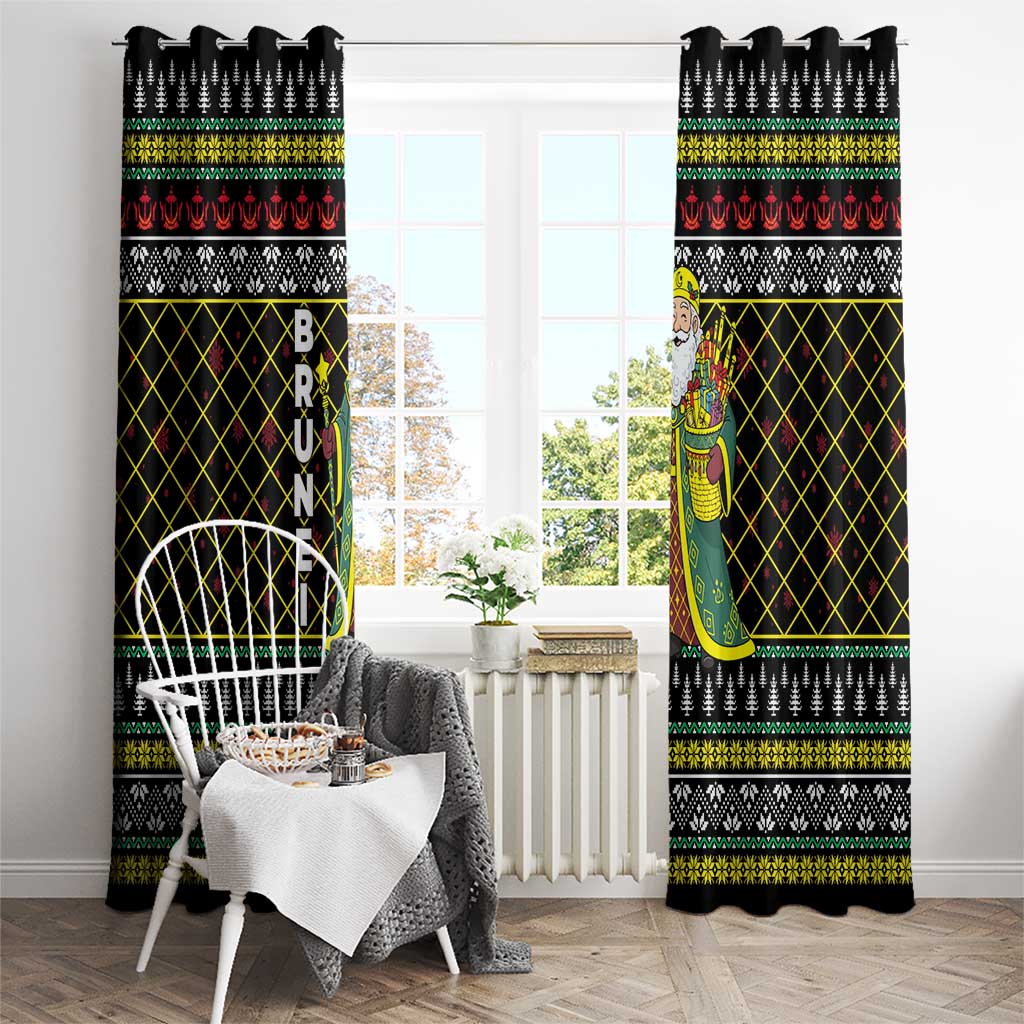 Brunei Christmas Window Curtain with Traditional Santa Gift Basket and Black Yellow Red Holiday Pattern - Wonder Print Shop