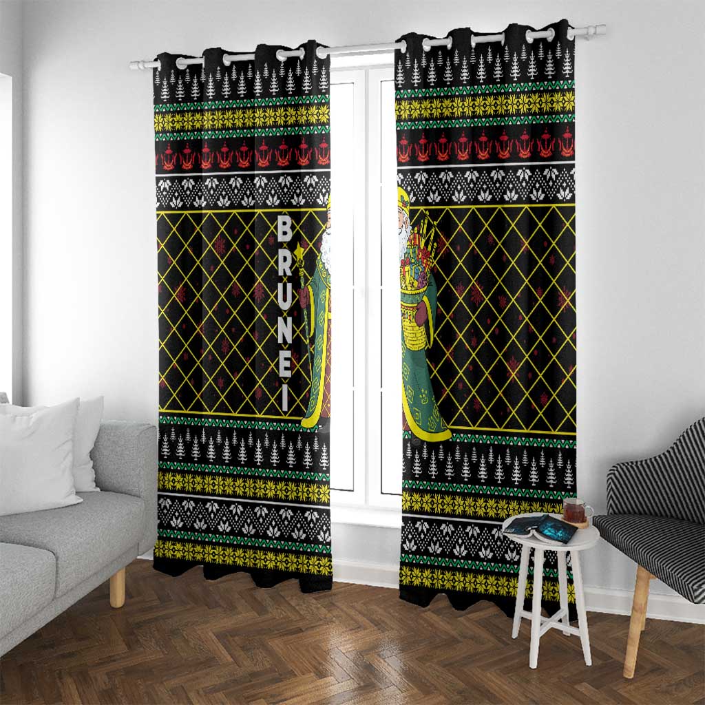 Brunei Christmas Window Curtain with Traditional Santa Gift Basket and Black Yellow Red Holiday Pattern - Wonder Print Shop