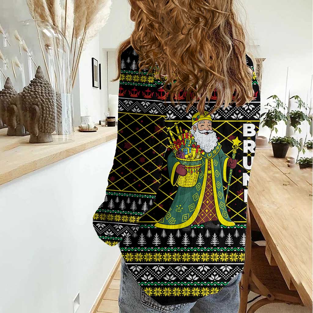 Brunei Christmas Women Casual Shirt with Traditional Santa Gift Basket and Black Yellow Red Holiday Pattern - Wonder Print Shop