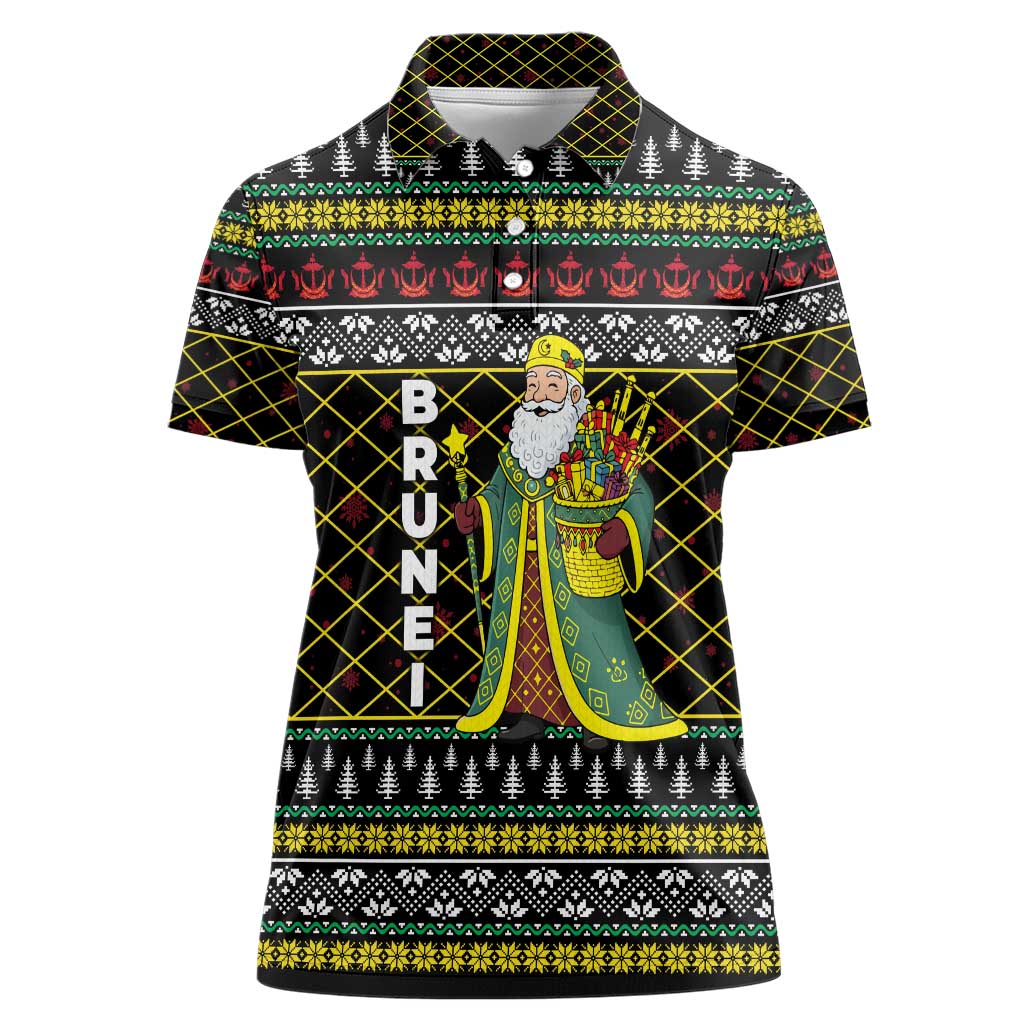 Brunei Christmas Women Polo Shirt with Traditional Santa Gift Basket and Black Yellow Red Holiday Pattern - Wonder Print Shop