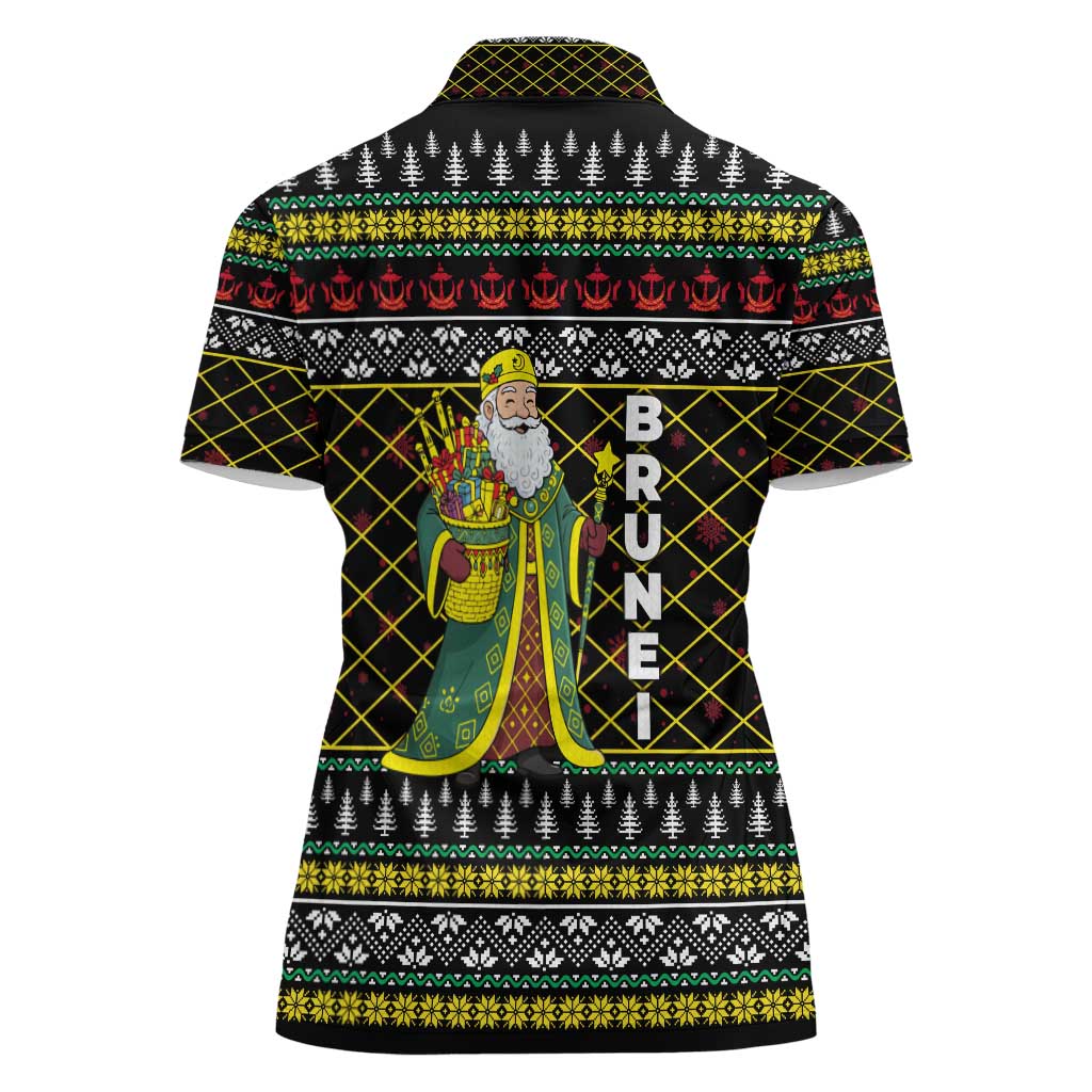 Brunei Christmas Women Polo Shirt with Traditional Santa Gift Basket and Black Yellow Red Holiday Pattern - Wonder Print Shop