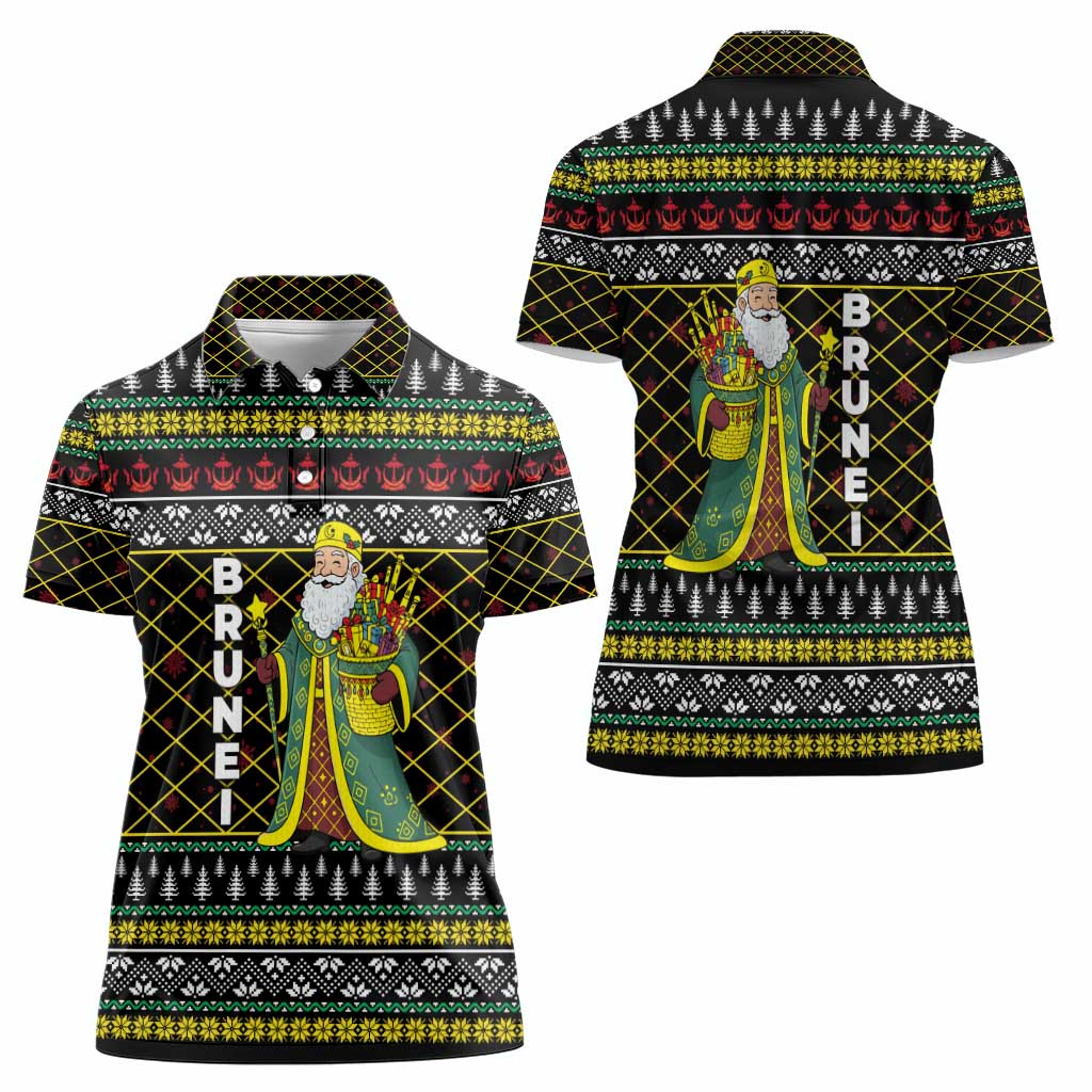 Brunei Christmas Women Polo Shirt with Traditional Santa Gift Basket and Black Yellow Red Holiday Pattern - Wonder Print Shop