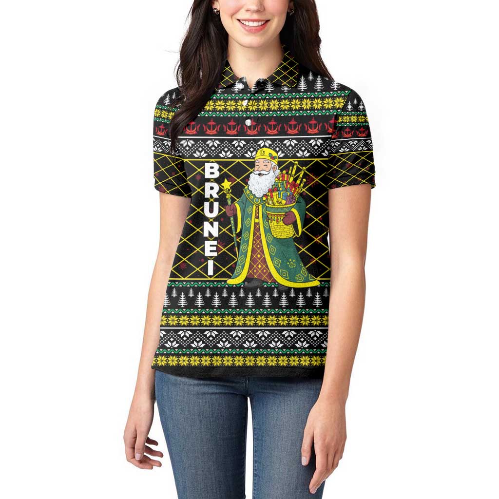 Brunei Christmas Women Polo Shirt with Traditional Santa Gift Basket and Black Yellow Red Holiday Pattern - Wonder Print Shop