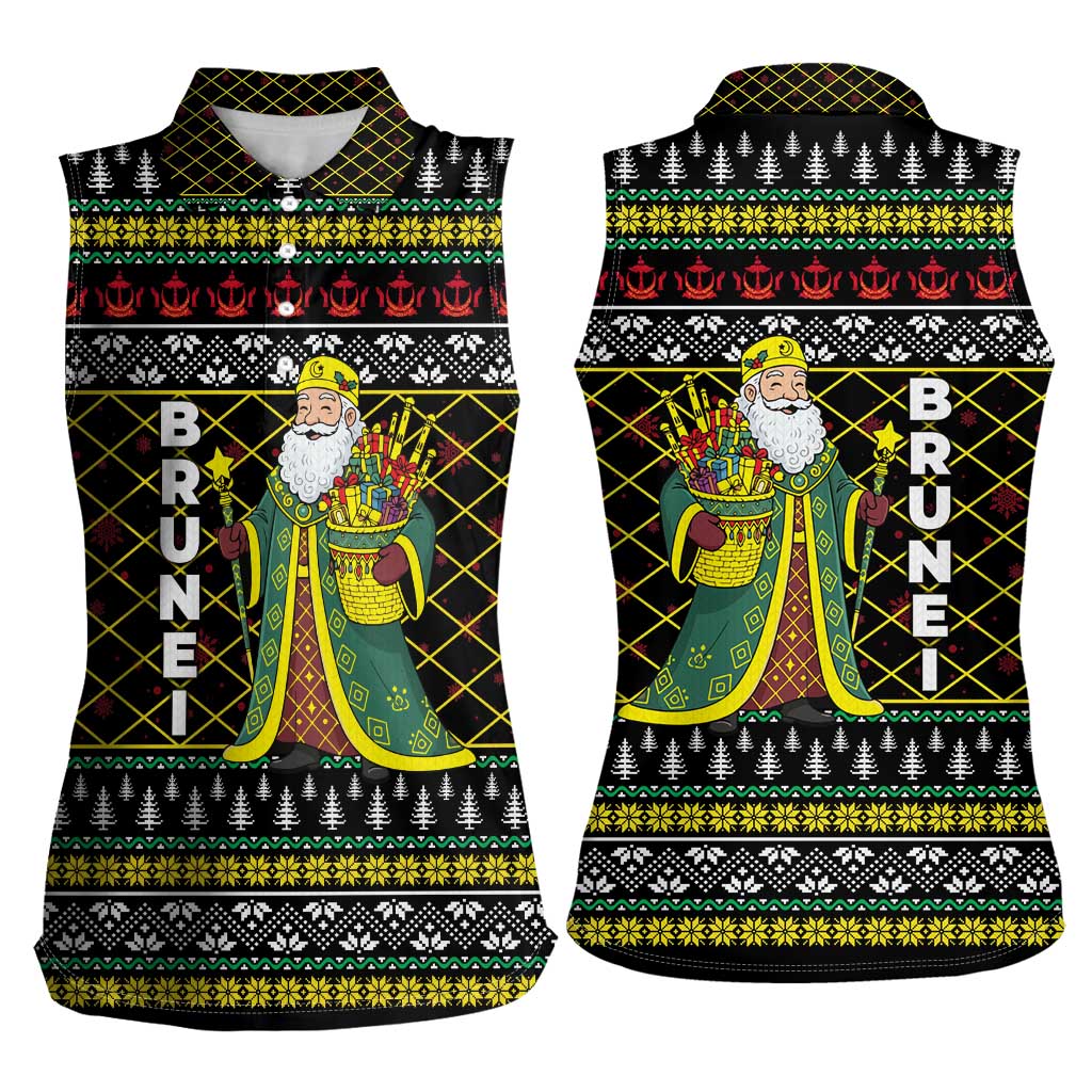 Brunei Christmas Women Sleeveless Polo Shirt with Traditional Santa Gift Basket and Black Yellow Red Holiday Pattern - Wonder Print Shop