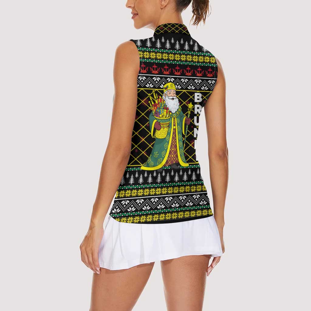 Brunei Christmas Women Sleeveless Polo Shirt with Traditional Santa Gift Basket and Black Yellow Red Holiday Pattern - Wonder Print Shop
