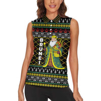 Brunei Christmas Women Sleeveless Polo Shirt with Traditional Santa Gift Basket and Black Yellow Red Holiday Pattern - Wonder Print Shop