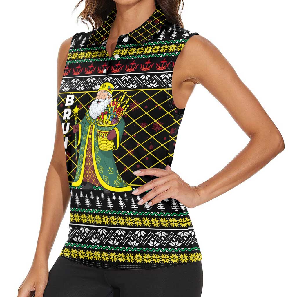 Brunei Christmas Women Sleeveless Polo Shirt with Traditional Santa Gift Basket and Black Yellow Red Holiday Pattern - Wonder Print Shop