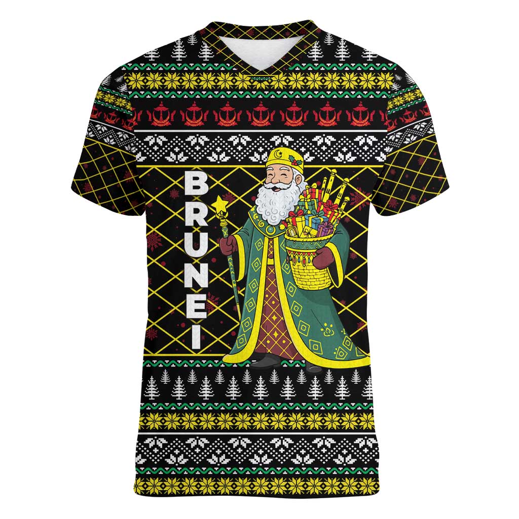 Brunei Christmas Women V-Neck T-Shirt with Traditional Santa Gift Basket and Black Yellow Red Holiday Pattern - Wonder Print Shop