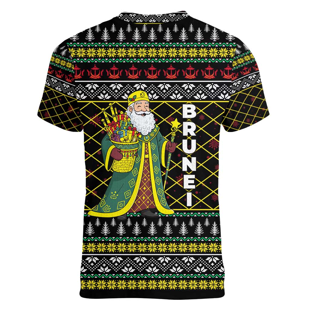 Brunei Christmas Women V-Neck T-Shirt with Traditional Santa Gift Basket and Black Yellow Red Holiday Pattern - Wonder Print Shop