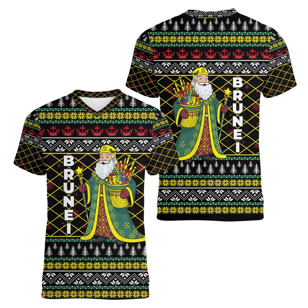 Brunei Christmas Women V-Neck T-Shirt with Traditional Santa Gift Basket and Black Yellow Red Holiday Pattern - Wonder Print Shop