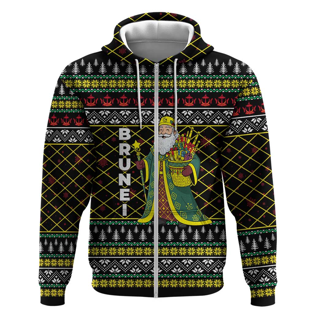 Brunei Christmas Zip Hoodie with Traditional Santa Gift Basket and Black Yellow Red Holiday Pattern - Wonder Print Shop