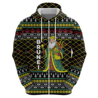 Brunei Christmas Zip Hoodie with Traditional Santa Gift Basket and Black Yellow Red Holiday Pattern - Wonder Print Shop