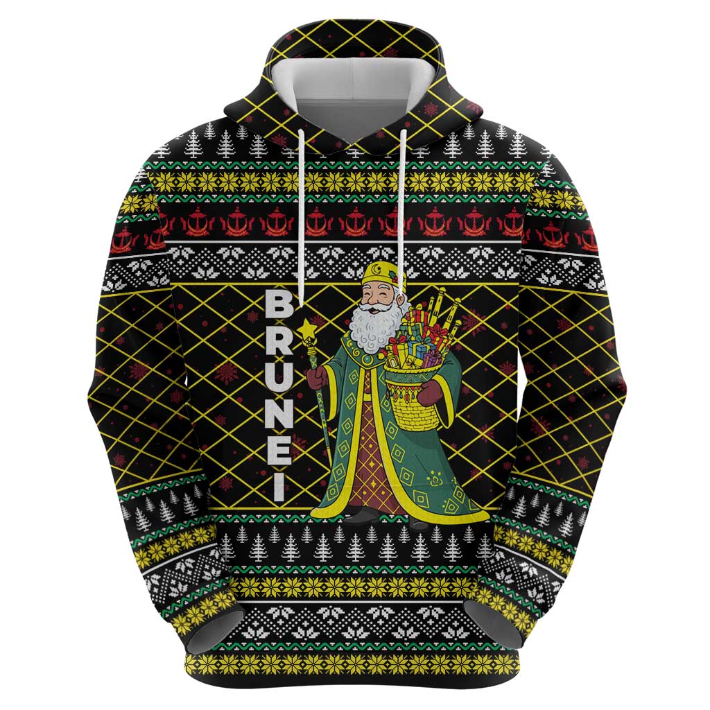 Brunei Christmas Zip Hoodie with Traditional Santa Gift Basket and Black Yellow Red Holiday Pattern - Wonder Print Shop