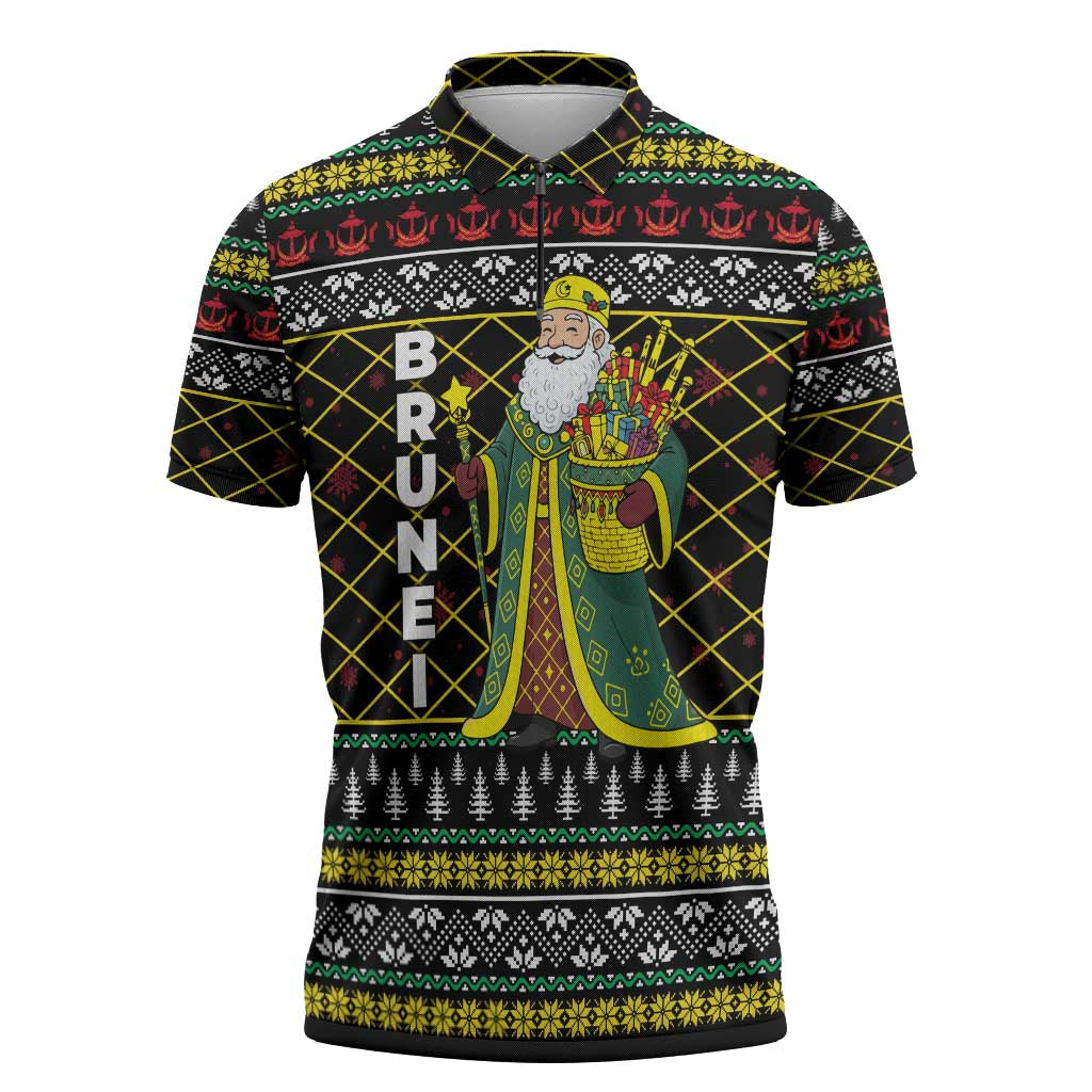 Brunei Christmas Zipper Polo Shirt with Traditional Santa Gift Basket and Black Yellow Red Holiday Pattern - Wonder Print Shop