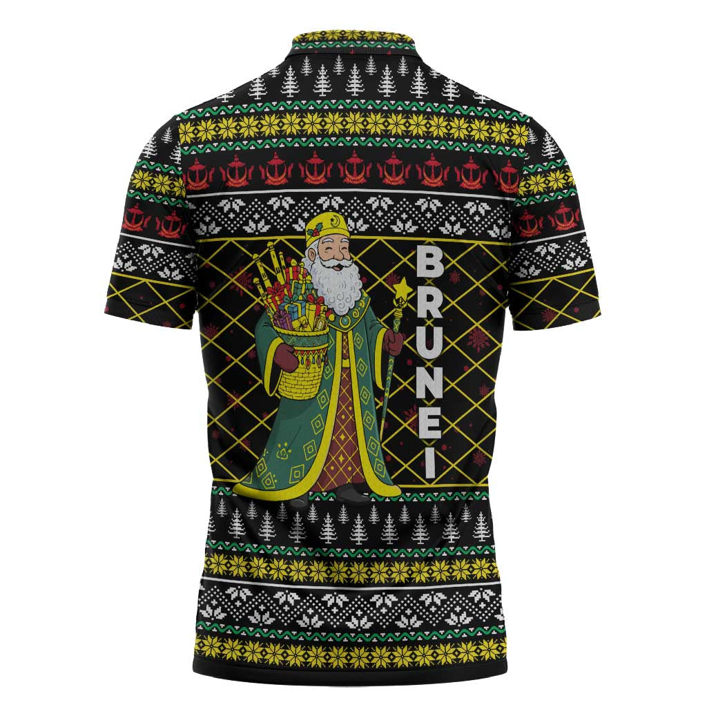 Brunei Christmas Zipper Polo Shirt with Traditional Santa Gift Basket and Black Yellow Red Holiday Pattern - Wonder Print Shop