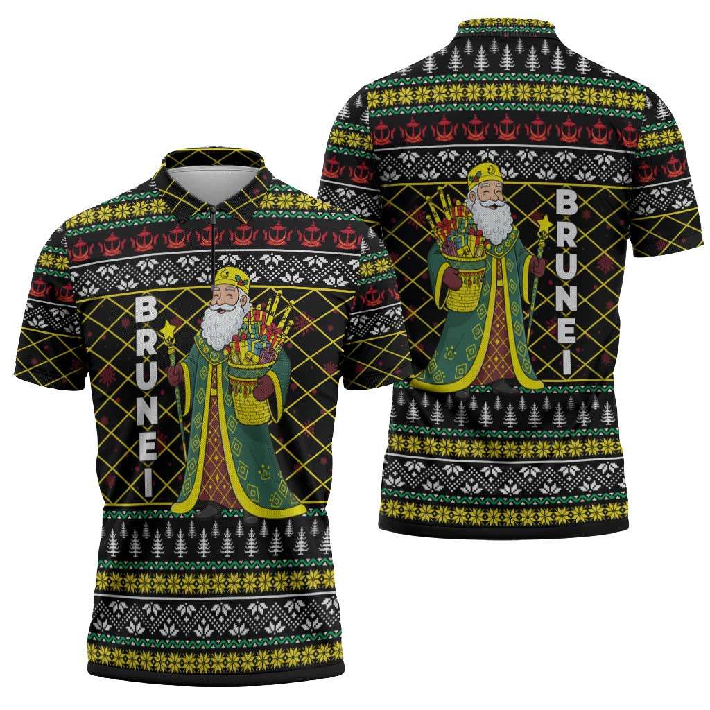 Brunei Christmas Zipper Polo Shirt with Traditional Santa Gift Basket and Black Yellow Red Holiday Pattern - Wonder Print Shop