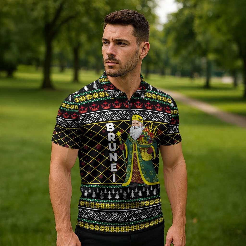 Brunei Christmas Zipper Polo Shirt with Traditional Santa Gift Basket and Black Yellow Red Holiday Pattern - Wonder Print Shop