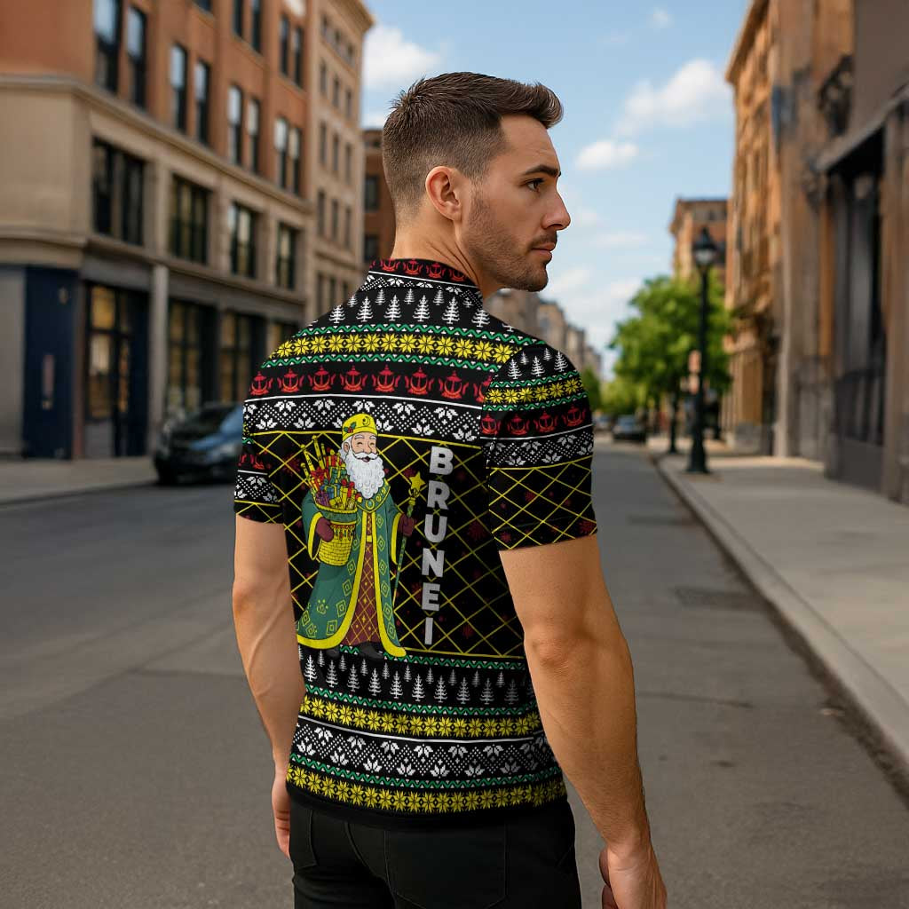 Brunei Christmas Zipper Polo Shirt with Traditional Santa Gift Basket and Black Yellow Red Holiday Pattern - Wonder Print Shop