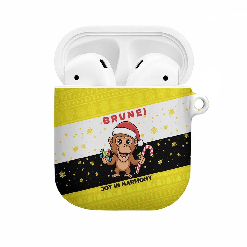 Brunei Christmas AirPods Case with Cartoon Monkey Santa Hat Candy Cane and Yellow Black Flag Pattern - Wonder Print Shop