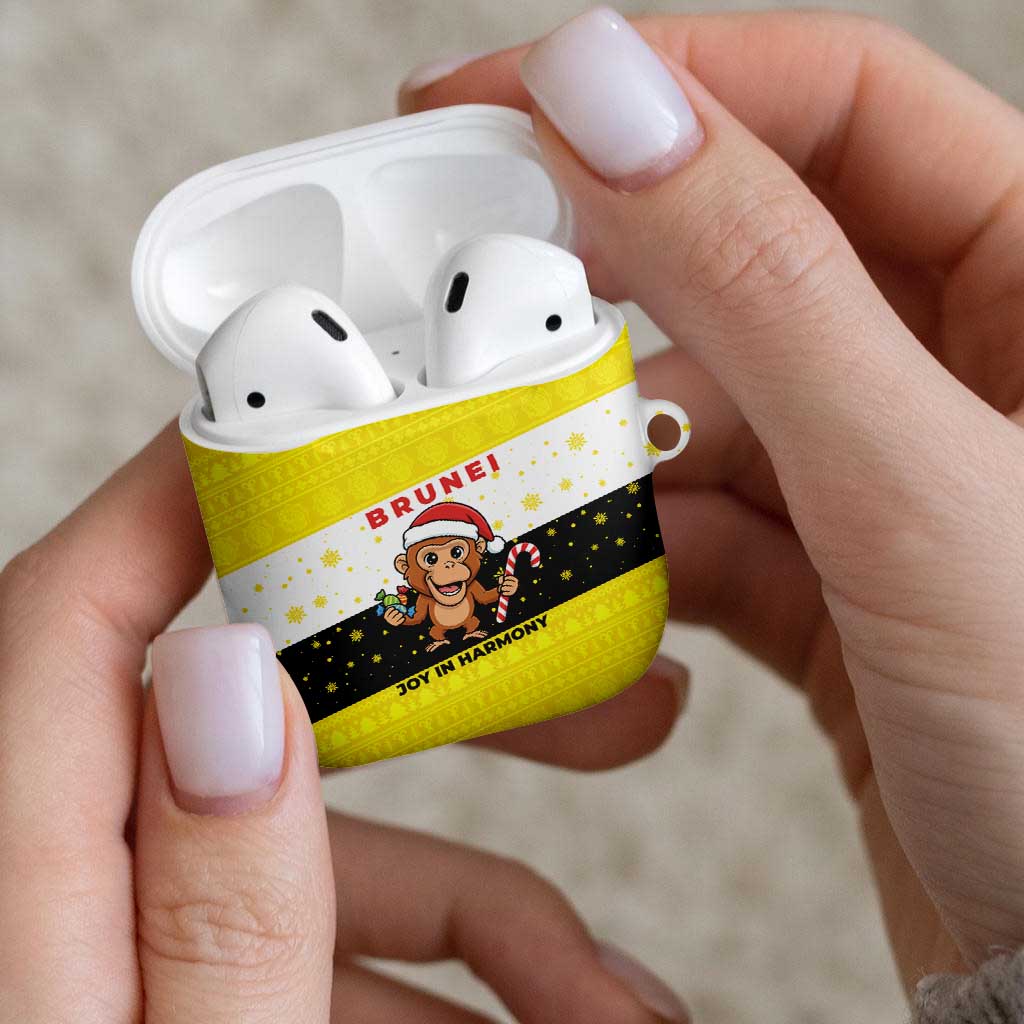 Brunei Christmas AirPods Case with Cartoon Monkey Santa Hat Candy Cane and Yellow Black Flag Pattern - Wonder Print Shop