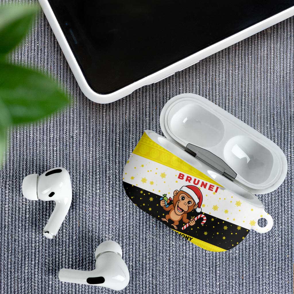 Brunei Christmas AirPods Case with Cartoon Monkey Santa Hat Candy Cane and Yellow Black Flag Pattern - Wonder Print Shop