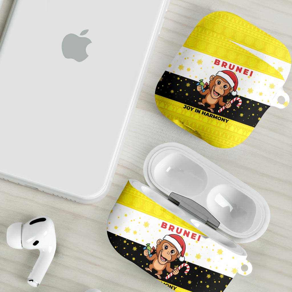 Brunei Christmas AirPods Case with Cartoon Monkey Santa Hat Candy Cane and Yellow Black Flag Pattern - Wonder Print Shop